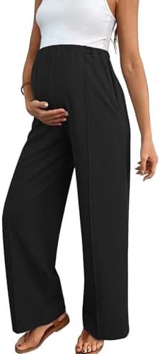 BLENCOT Women\'s Maternity Pants Work Adjustable Waisted Wide Leg Waffle Knit Trousers Pregnancy Clothes with Pockets, XL