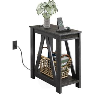 WLIVE Narrow End Table with Charging Station of Open Storage Shelf, Sofa Side Table with 2 USB Ports and 2 Power Outlets, Slim Farmhouse End Table for Small Spaces, Bedroom, Living Room (Charcoal Black)