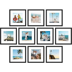 decorUhome 12x12 Picture Frame Set of 10, Display Photos 8x8 with Mat or 12x12 Unmatted for Picture Frames Collage Wall Decor, Black
