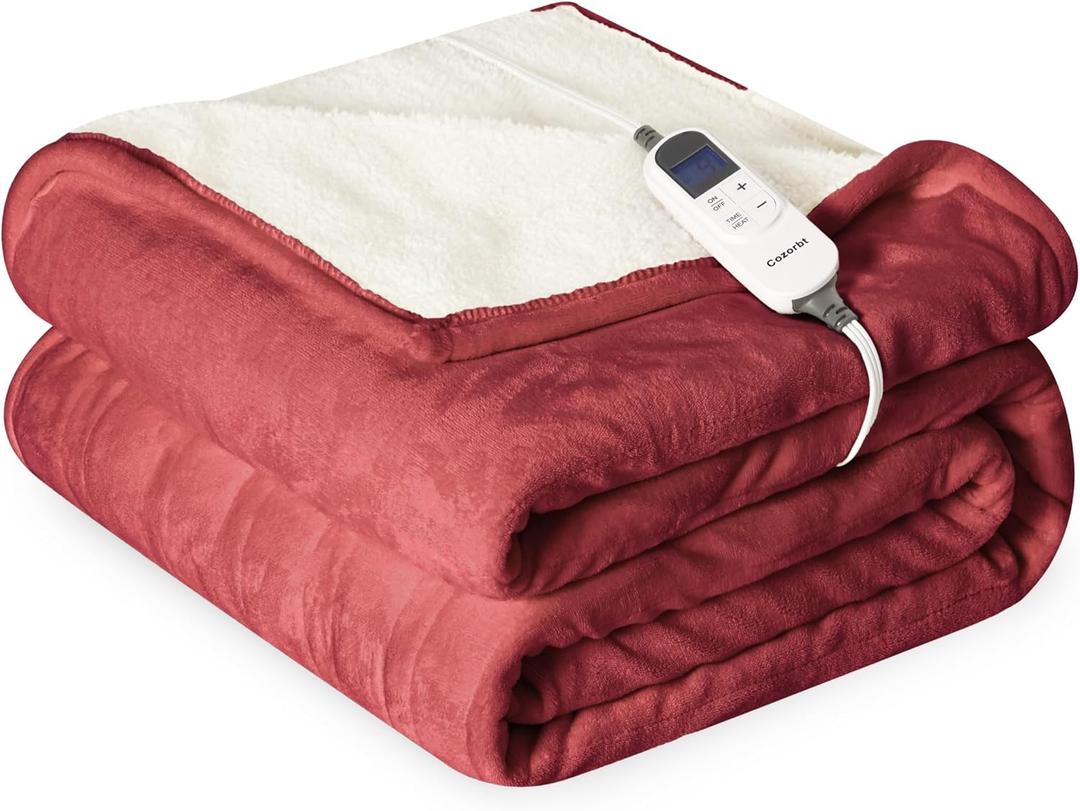 Heat Blanket 50x60 Throw,Soft Flannel & Sherpa Reversible Electric Blanket with 10 Heat Settings,12 Timer Setting and 3 Hours Auto-Shut Off,ETL Certified Machine Washable,Red