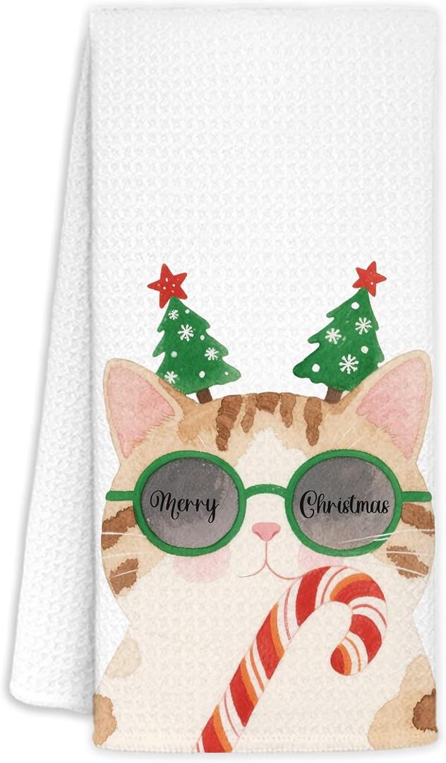 WUCHJ Christmas Cat Kitchen Towels, Retro Christmas Cat Candy Cane Hand Towels for Bathroom, Cats Lover Mom Lady Gifts, Xmas Cute Kitty Kitten Decorative Dish Tea Towel, 16x24 Inch