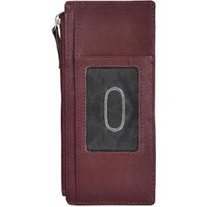 Leatherboss Genuine Leather Women's All in One Credit Business Card Case Holder Slim Zipper Wallet With a Card Protection Strap, Wine