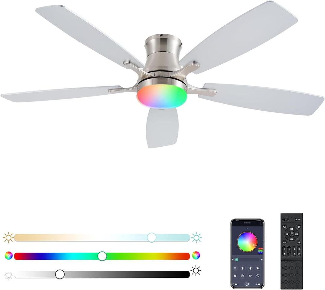 FUMLTP Ceiling Fans with Lights, 54inch RGB Low Profile Ceiling Fan with Light and Remote/App Control, Flush Mount, Dimmable, Reversible DC Motor, Noiseless, 6 Speeds Nickel Ceiling Fan for Bedroom