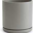 D'vine Dev 10 Inch Ceramic Planter Pot with Drainage Hole and Saucer, Indoor Cylinder Round Planter Pot, Grey, 94-O-E-3
