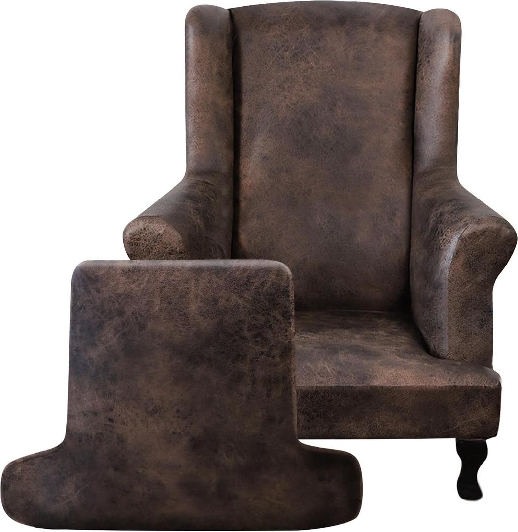 Leather Look Wingback Chair Covers, 2-Piece Wing Chair slipcover, Stretch Wing Back Armchair Slipcovers with Elastic Bottom, Soft Spandex Furniture Protector for Living Room, Brown