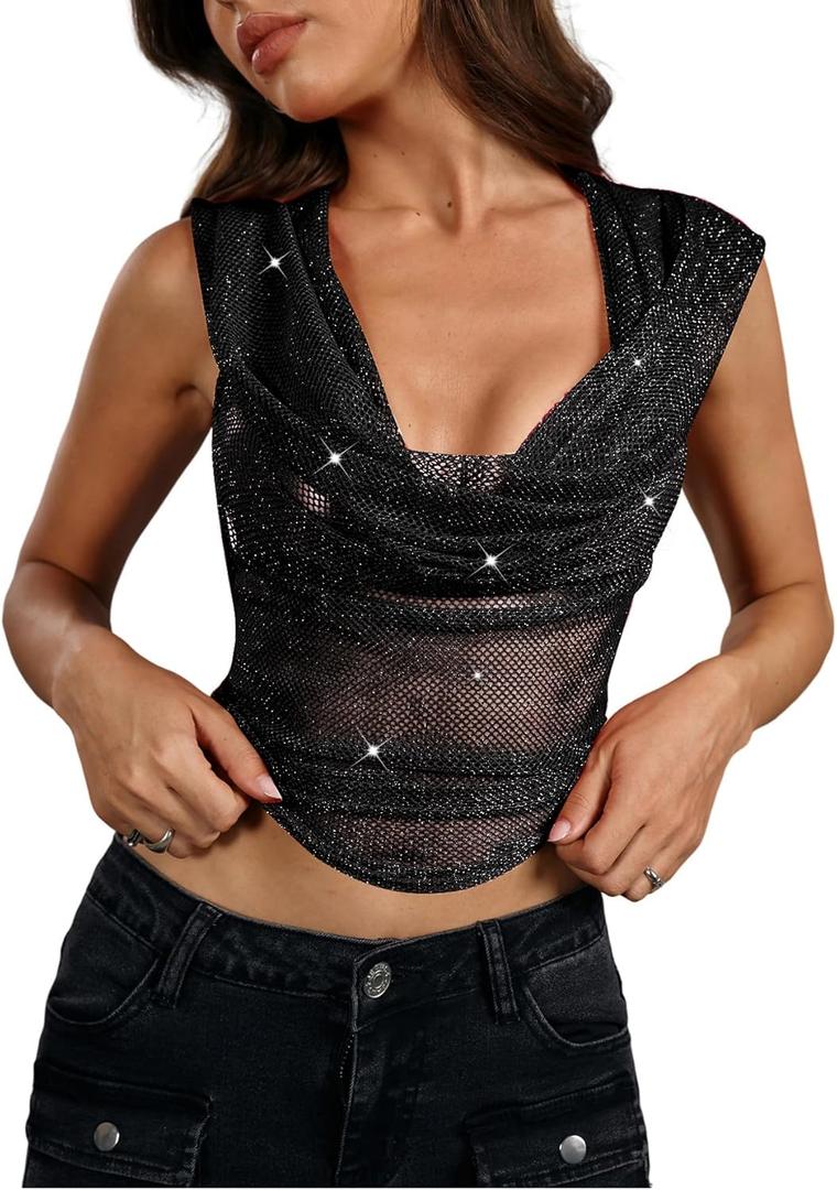 Floerns Rave Outfits for Women Sexy Backless Hoodie Draped Halter Tank Top Going Out Concert Festival Party Streetwear (Black Jade, XS)