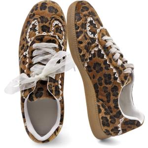 UBWDU Lace Fashion Ballet Sneakers for Women Trendy Cute Crochet Ribbon Lace-Up Casual Spring Shoes, 7, Leopard