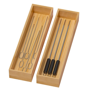 Bamboo Drawer Organizer, Narrow Silverware Organizer for Kitchen, Stackable Utensil Organizer, 2 Pcs Flatware Organizer for Drawer, Wooden Storage Box Tray (Yellow, 12 X 3 X 2 Inch)