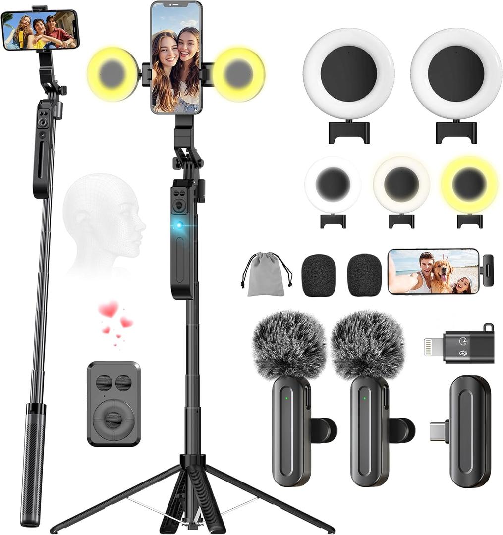 Phone Tripod with Light, 2 Pack Lavalier Mic, 71" Extendable Auto Face Tracking 360 Rotation, 1/4" Camera Mount & Remote, No App Needed, Vlogging Kit for iPhone Android YouTube TikTok Live Streaming