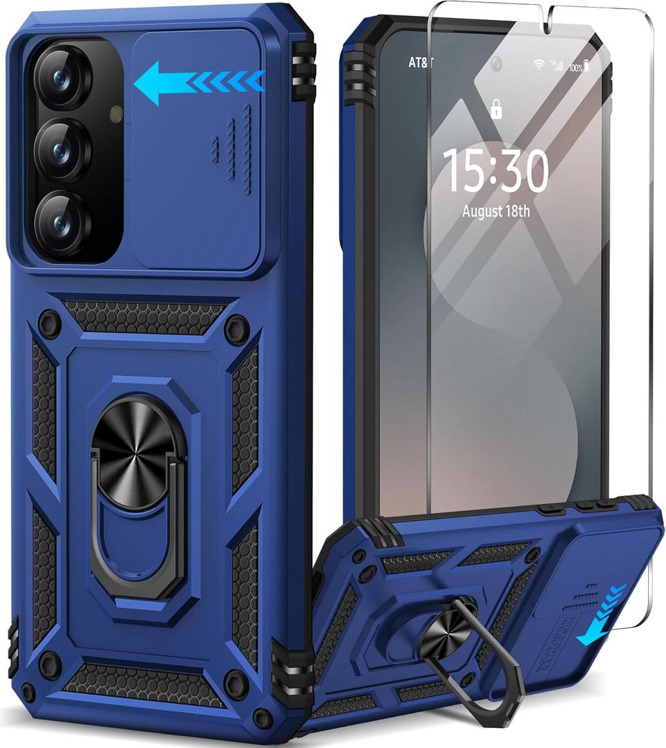 Taisairu for Samsung Galaxy S25 FE Case with Screen Protector & Slide Camera Lens Cover, Built-in Magnetic Ring Stand Shockproof Protective Phone Case for Samsung S25 FE Case (Blue)