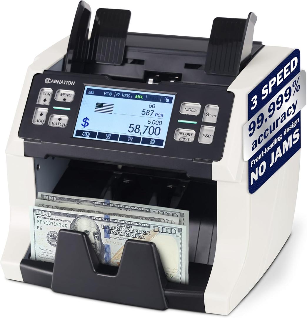 CARNATION Money Counter Machine Cash Counting & Mixed Denomination Bill Counter, Portable Currency Scanner, Counterfeit Scanner, Dollar Sorter for Commercial, up to 1500 N/M, UV/MG/MT/IR/CIS, CN6