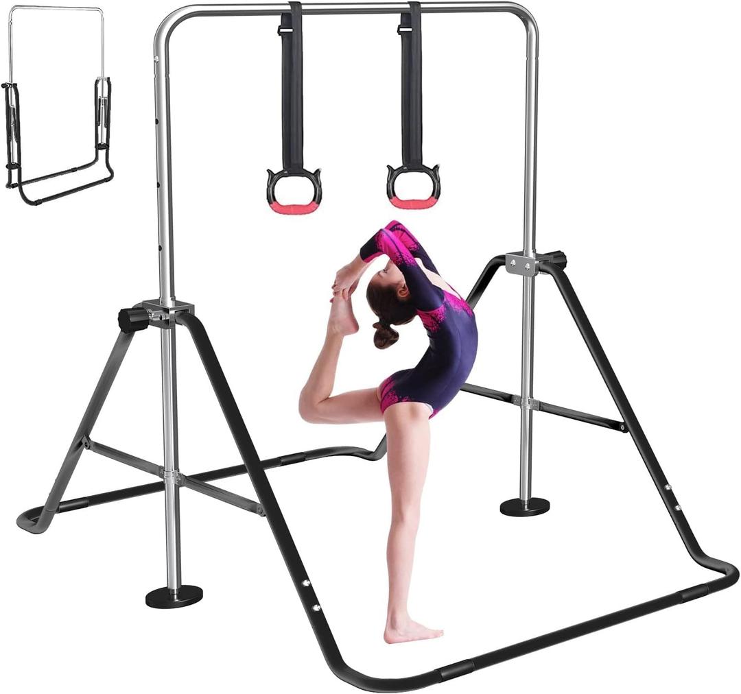 Gymnastics Bar for Kids, Adjustable Height Gymnastic Horizontal Bars with Mat, Folding Gymnastic Training Monkey Bars, Junior Expandable Training Kip Bar for Home