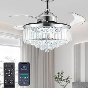 Moooni Dimmable Fandelier Crystal Ceiling Fans with Lights and Remote Modern Invisible Retractable Chandelier Fan LED Ceiling Fan Light Kit -Polished Chrome 36 Inches