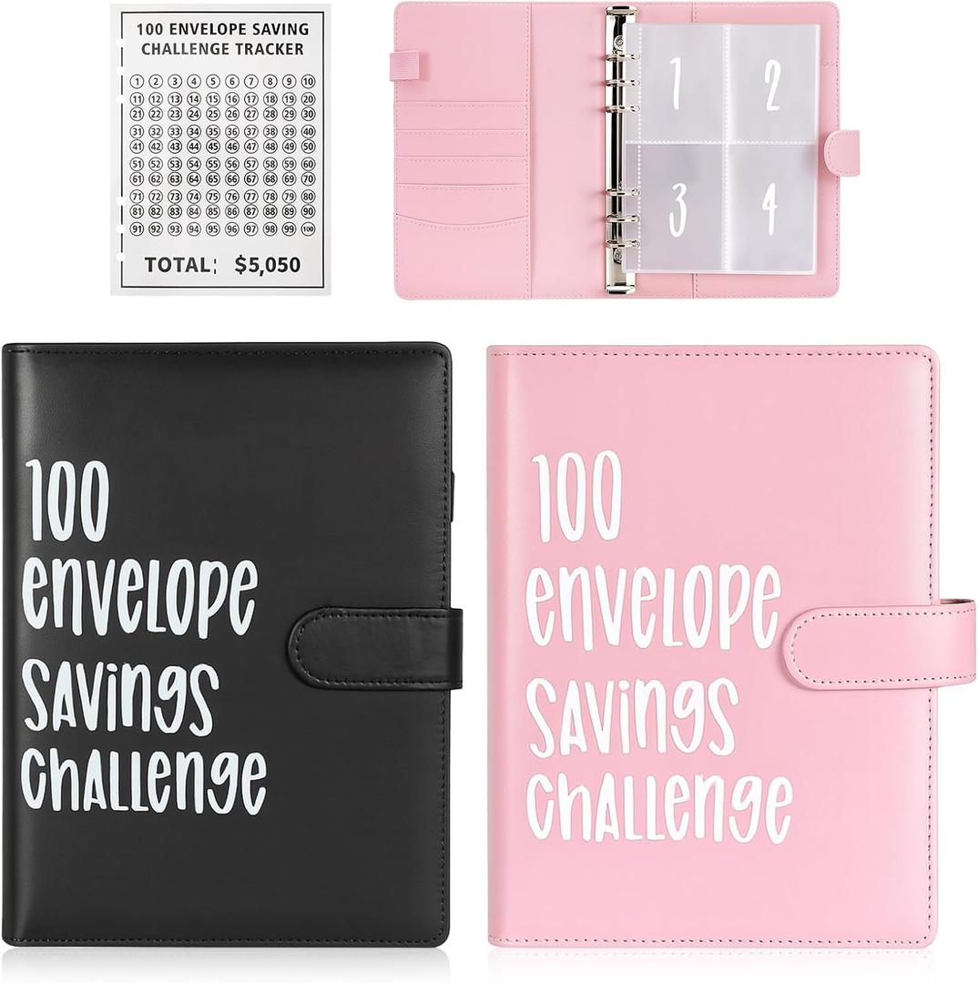 2 PCS 100 Envelopes Money Saving Challenge, Budget Binder with Cash Envelopes Thickened Detachable Page Saving Challenge Book with Cards and Pen Storage Easy to Save 5,050-Black, Pink