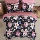 Luxudecor Queen Comforter Set 7 Pieces Bedding Sets,Black Pink Floral Comforter and Sheet Set,Soft Microfiber Bed in a Bag for All Seasons (Black Pink,90"x90")