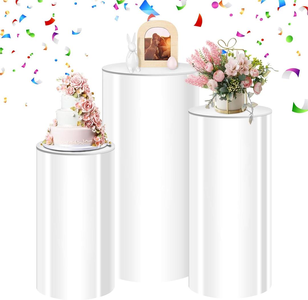 White Cylinder Stands for Party, Party Cylinders Set of 3 Stand, Pedestal Stands for Display Birthday Wedding Bridal Baby Shower Party Decorations 35.4''(L) 29.5'' (M) 23.6'' (S)