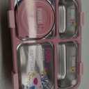 Stainless Steel Adult Lunch Box, 28.7oz 4-Compartment Cute Bento Box Kids Snack Containers with 5oz Soup/Condiment Cup, Food Storage Containers with Utensils and Small Cleaning Brush Set - Pink