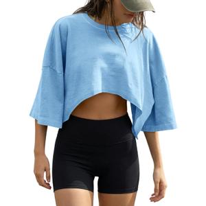 Fisoew Womens Summer Cropped Tops Casual Short Sleeve Drop Shoulder Loose Fit Lightweight Crop Workout T Shirts, Size: Small