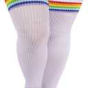 Plus Size Thigh High Socks for Women Thick Thighs Cotton Knit Extra Long Over the Knee Leg Warmer (White & Rainbow Stripe)