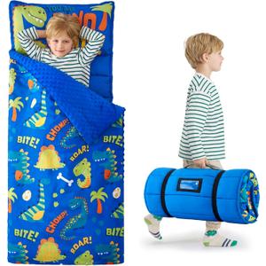 JOIEDOMI Toddler Sleeping Bag for Kids 55''x30'' Nap Mat with Removable Pillow and Minky Blanket for Toddler Ages 3-7 Roll Up Soft Kids Sleeping Bag for Boys Girls Kindergarten Daycare Sleepover (Blue Dinosaur)