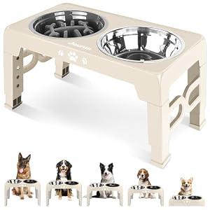 Jovrun Elevated Dog Bowls for Medium Large Size Dogs, Non-Slip Dog Feeder with 1*Stainless Steel Dishes & 1*Slow Feeder Bowl, 5 Heights Adjustable Raised Bowls to 3.15″-8.66″-9.84″-11.02″-12.2″