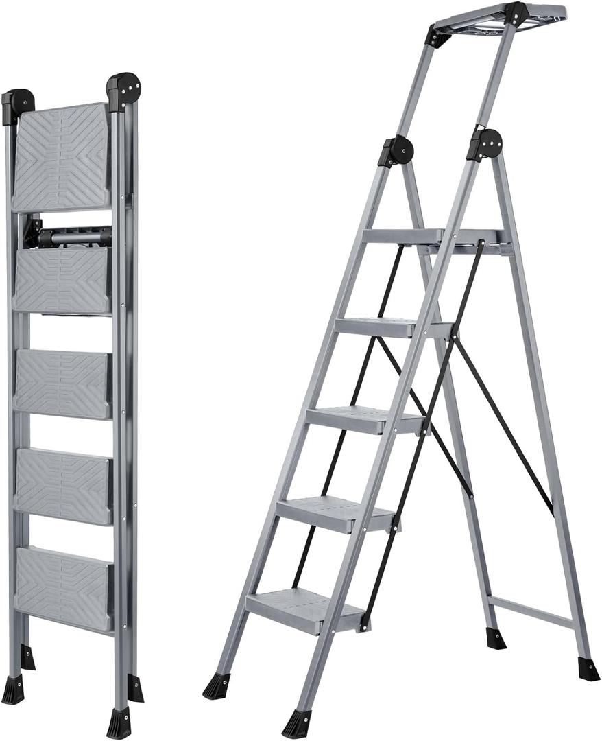 XinSunho 5 Step Ladder, Foldable Step Stool Ladder with Handrails & Tray, 660 lbs Heavy Duty Wide Pedals, Sturdy Steel Folding Ladder for Kitchen, Home, and Household Use (Silver, 5 Step)