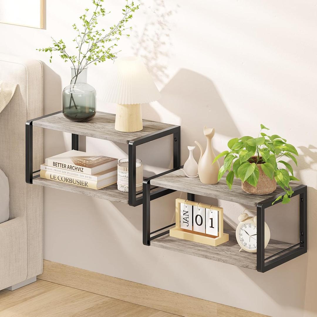 Floating Nightstand Set of 2, Wood Bedside Shelf Wall Mounted Nightstand with Heavy-Duty Frame, Floating Bedside Table for Bedroom, Bathroom, Kitchen, (Vintage Grey, 2 Pack)(16.6"D x 9.65"W x 7.76"H)