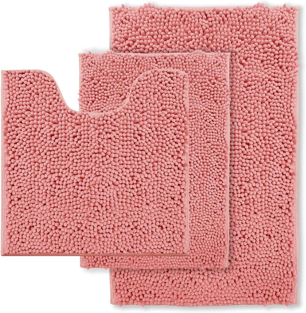 Blue Bathroom Rugs Chenille Bath Mats Set 3 Piece Extra Soft and Absorbent Shaggy Rugs, Machine Wash and Dry, Perfect Plush Bath Mats for Tub, Shower, Bathroom Decor, Washable Carpets Set
