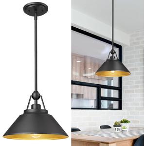 Barn Pendant Light Fixture, HWH 1-Light Hanging Lighting 12-Inch, Industrial Pendant Lights for Kitchen Island Farmhouse Dinning Room, Black and Gold Finish, 5HYS89MIL BK (Black + Metal Shade)