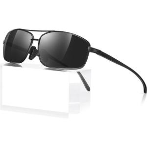 Polarized Sunglasses for Men, Ultra Lightweight Al-Mg Sunglasses with Spring Hinges, 100% UV400 Protection Mens Shades (Black Frame Dark Grey Lens)