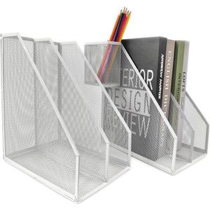 Mesh Magazine File Holder, 2 Pack Set, Desk Organizer Sturdy metal mesh file holder. 2 compartments for magazines, documents. Desktop storage for office & home. White