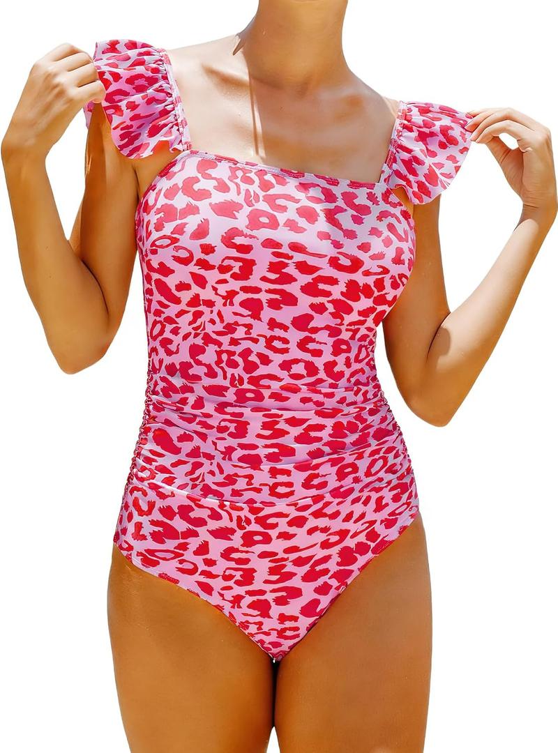 Women's Ruffle One Piece Swimsuits Ruched Tummy Control Bathing Suits Floral Swimwear Pink Leopard Small (S)