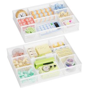 Marbrasse 2 Pack Desk Drawer Organizer, Mesh Drawer Organizer Tray with 8 Adjustable Compartments, Desk Organizers and Accessories, 5 Dividers for Office Supplies, Makeup & Vanity (White)