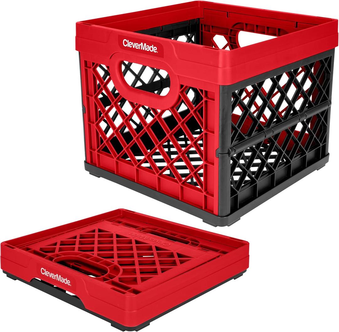 CleverMade Collapsible Milk Crate 25L (6.6 Gal), 50 lb Capacity Heavy Duty Folding Crate  Stackable Storage Crates with File Rails, Plastic Collapsible Crates - Red (1 Pack)