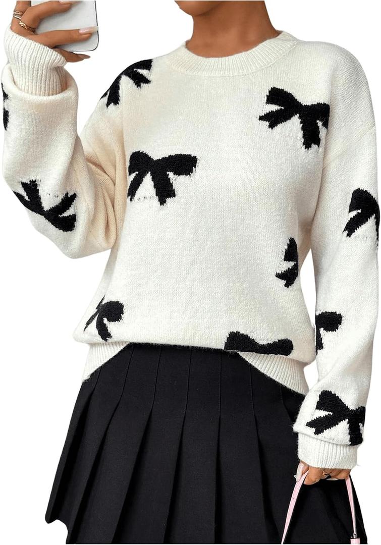 GORGLITTER Women's Bow Fall Sweaters 2026 Vintage Cute Cozy Holiday Knit Long Sleeve Oversized Crew Neck Pullover Apricot Medium