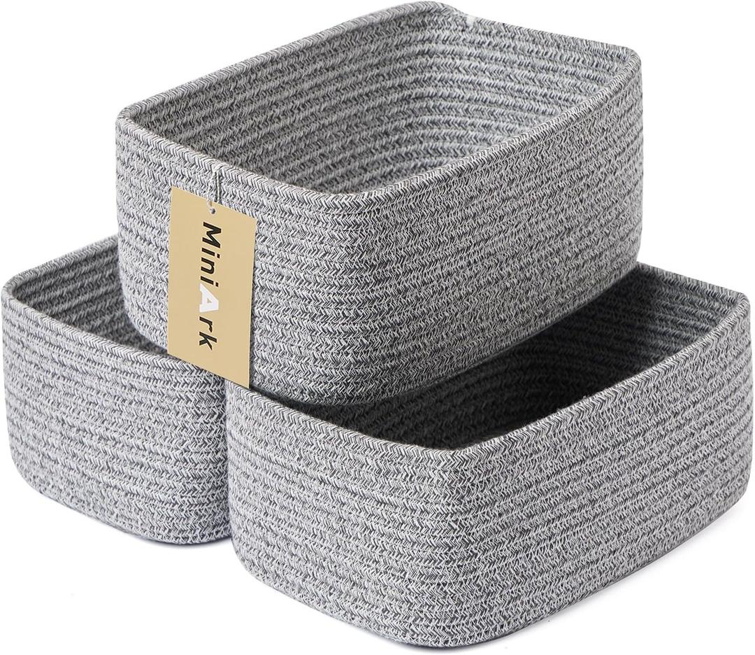 Small Storage Baskets for Organizing | Closet Organizer Bins | Shelf Toy Basket | Woven Rope Baskets | Cube Decorative Box | Shallow Basket | 11.5x7.5x4.7 | 3 Packs Mixed Grey