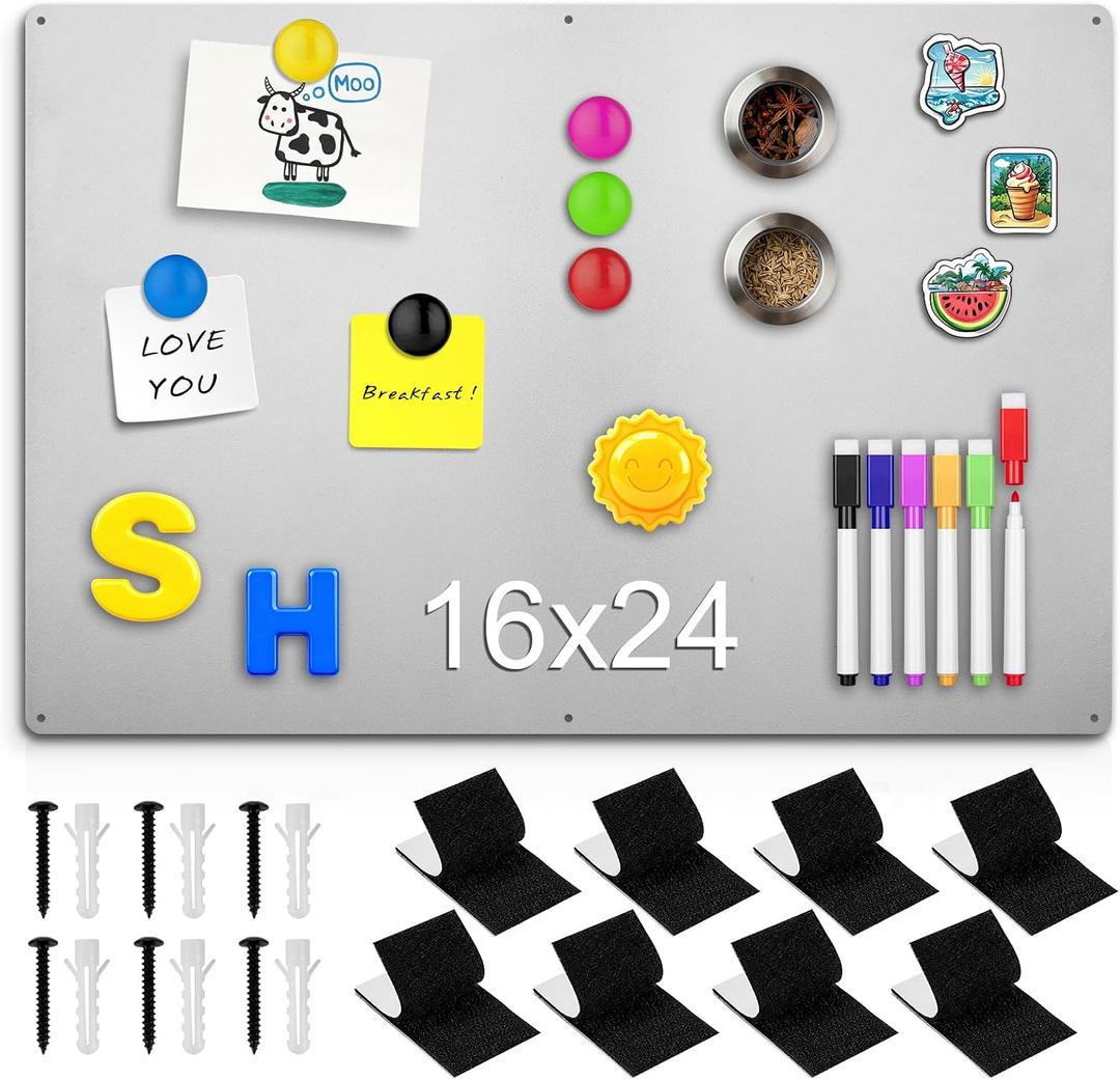 16" x 24" Magnetic Board, Silver Magnet Bulletin Board to Display Magnetic Letters, Metal Board for Wall, Refrigerator Photo, with Dual Lock Tape and Screws, Marker Pen