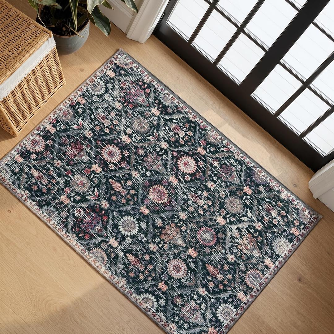 Lahome Moroccan Trellis Washable Rug, 2x3 Entryway Rugs for Kitchen Bathroom, Non-Slip Indoor Door Mat Ultra-Thin, Small Oriental Throw Carpet for Bedroom Entry Elise, Black/Multi