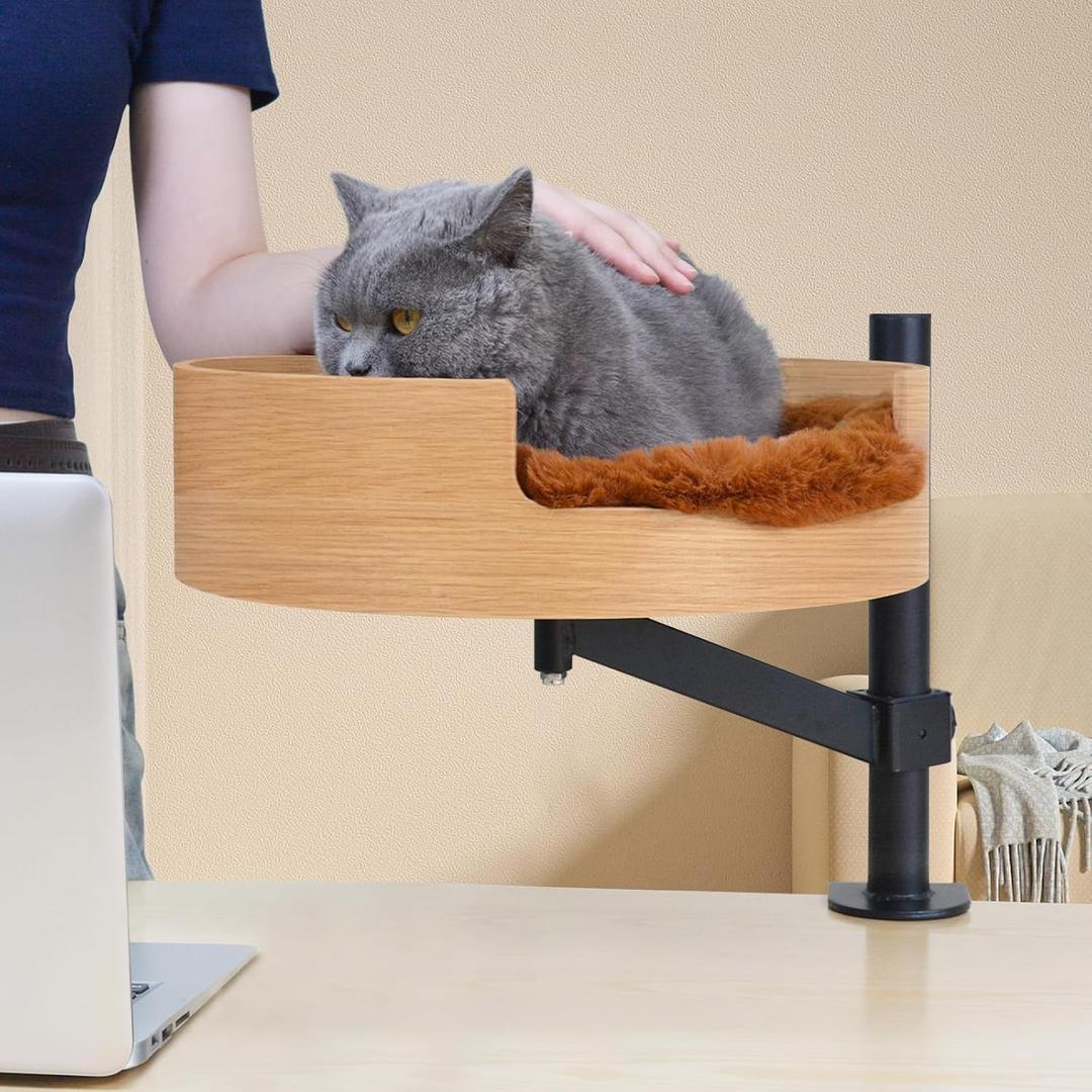 Cat Bed Desk with Pet Mat, Cat Hammock for Desk, Cat Bed Desk with Wooden Bowl, 360 Rotation and Adjustable Height, Brown