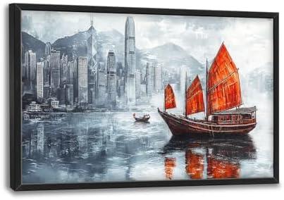 Cityscape Boat Large Wall Art Sailboat Pictures Wall Decor Coastal Canvas Ocean Nautical Print Painting Modern Artwork Home Decoration for Living Room Bathroom Bedroom Office Framed 24"x36"
