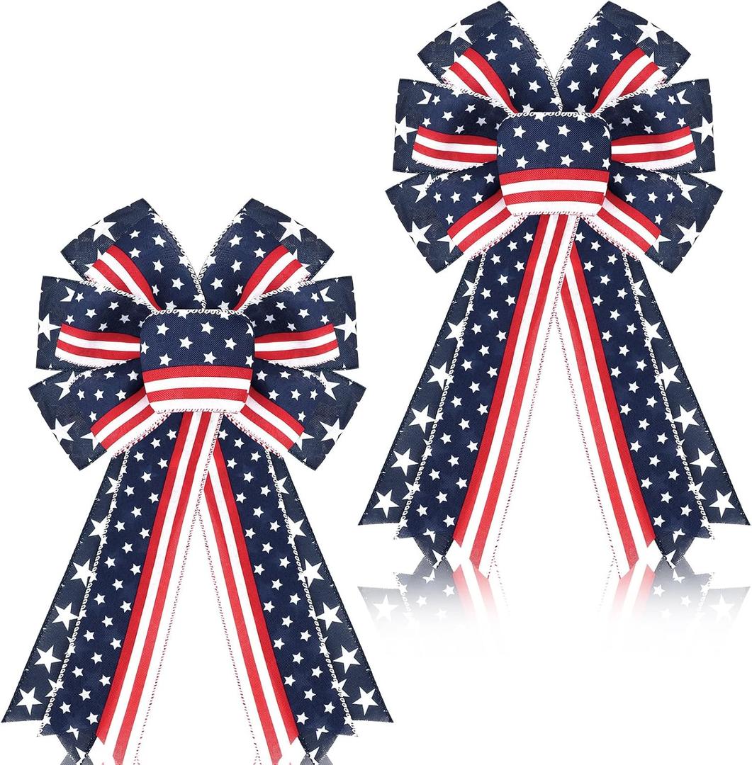 Unittype 2 Pcs Patriotic Bow Red White Blue Wreath 4th of July Star Burlap American Flag Bow for Indoor Outdoor Tree Topper Independence Day Memorial Day Party Decoration