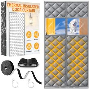 HOFUDON Upgraded Magnetic Thermal Insulated Door Curtain with Perspective Window, Weatherproof Oxford Cloth Filled with Cotton, Fit for Door Size 37" x 80", Doorway Curtains Size 39" x 82" Grey
