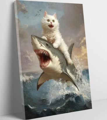 Funny Cat Canvas Wall Art Cat Riding a Shark Painting Picture Wall Decor Vintage Gothic animal Poster Print Artwork for Bathroom Living Room Bedroom Home Decoration Framed 23"×16" Inch