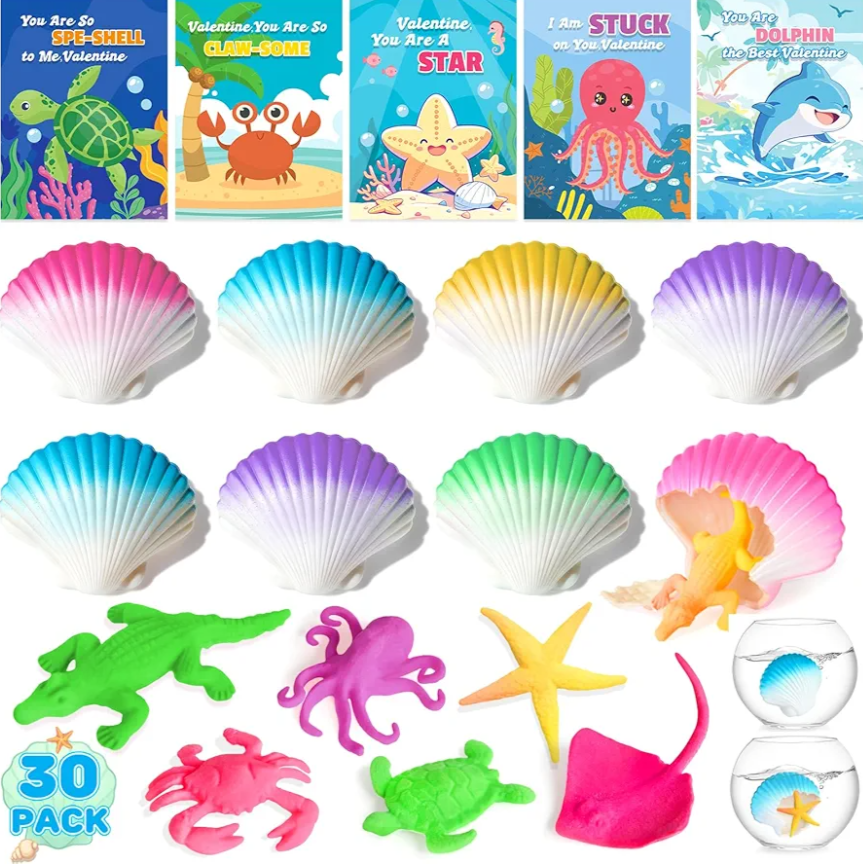 Valentines Day Gifts Cards for Kids, 30 Pack Valentines Day Gifts for Kids School with Rainbox Shells, Marine Life Blind Boxes for Boys Girls Valentines School Classroom Exchange Gift Party Favor