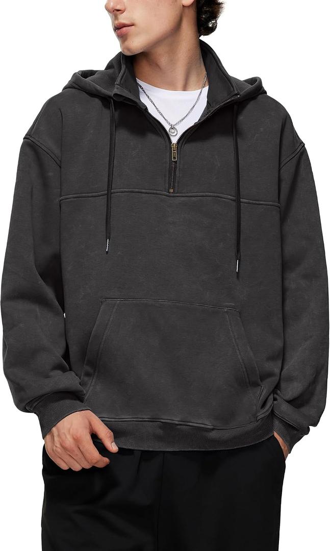 Iwing Mens Oversized Quarter Zip Hoodie Sweatshirt Half Zipper Heavyweight Fleece Hoodies Acid Wash Sweatshirts Women (S)
