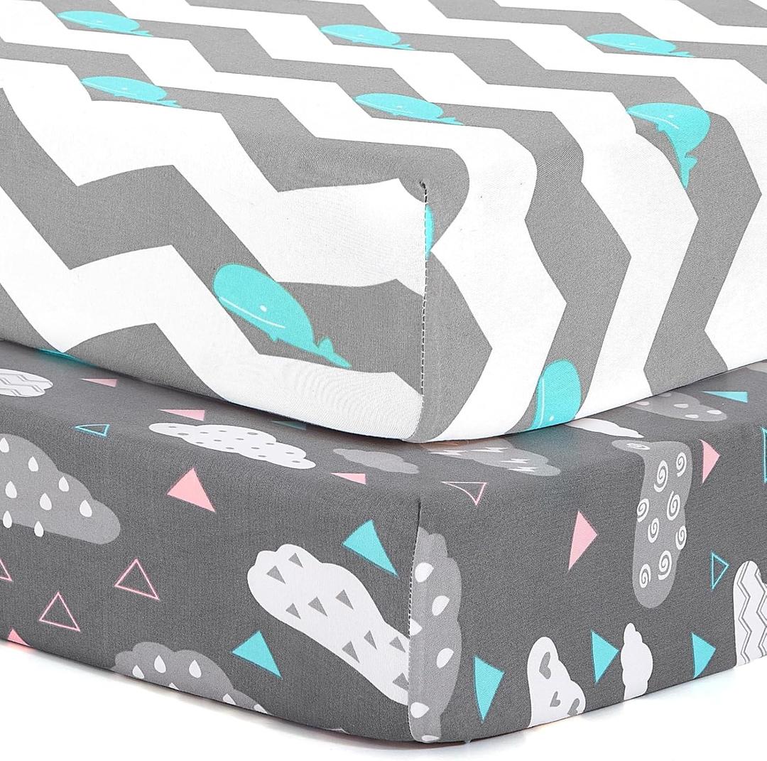 Stretchy Pack and Play Fitted Sheets: 2 Pack Mini Crib Sheets 38x26 - Soft Cozy Material - Fits Most Playards and Travel Playpens, Pack n Play, Nursery Daycare Bedding Essentials, Whale Cloud Print