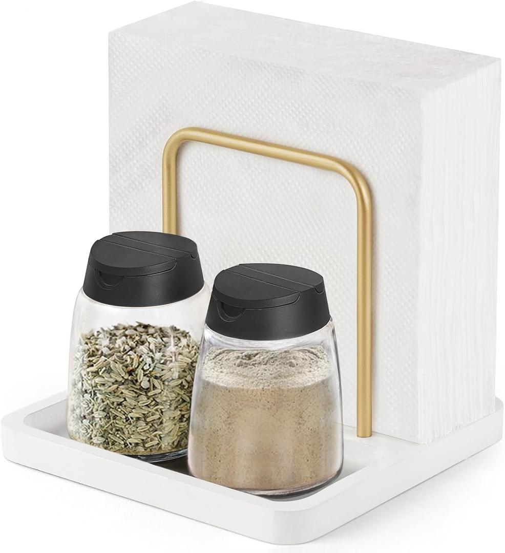 Mkono Napkin Holder for Table Farmhouse Black Wooden Napkin Dispenser Rustic Paper Napkin Storage for Kitchen Dining Room Coffee Bar (Salt and Pepper Shakers not Included) (White)