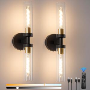 Battery Operated Wall Sconces, Wall Sconce Set of 2, 3000K-6500K Black Rechargeable Wall Lamp with Remote, Indoor Non-Hardwired Wall Lamps, Modern Vanity Light for Bedroom, Living Room, Aisle