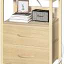 Yoobure Nightstand with Charging Station, Small Night Stand with Fabric Drawers and Storage Shelf for Bedrooms, Nightstands for Small Spaces, Bedside Table with USB Ports & Outlets, Bed Side Table (Natural)