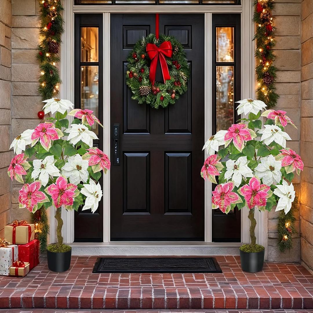 4 ft Christmas Tree for Front Porch Decor, 2 PCS Outdoor Pathway Christmas Trees Faux Topiary Plants Potted UV Resistant for Outdoor Indoor Door Garden Farmhouse Home Decoration, Pink White